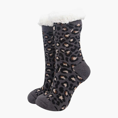 Women's Long Slipper Socks- Dark Grey, Leopard