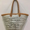 Straw Tote Bag Silver Sequined with Leather Handles