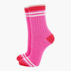 Women's Mid-Calf Socks- Pink/Red, Striped Cuff