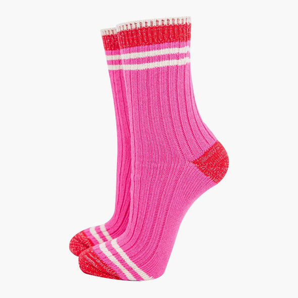 Women's Mid-Calf Socks- Pink/Red, Striped Cuff