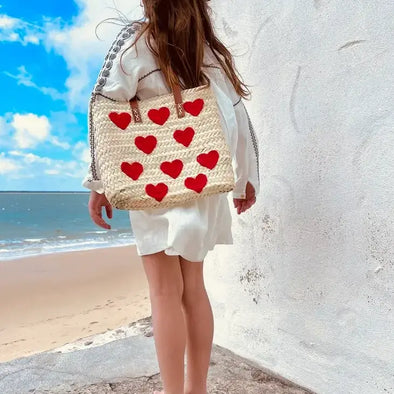 Handmade Heart Straw Tote Bag with Leather Handle