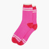 Women's Mid-Calf Socks- Pink/Red, Striped Cuff