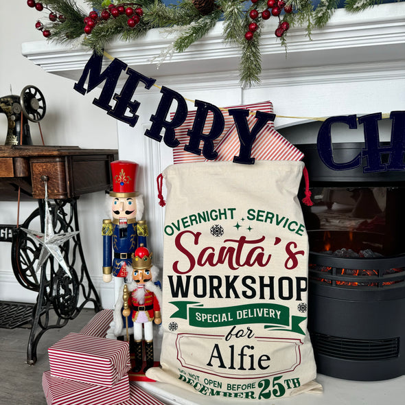 Personalise Santa's workshop Christmas Sack