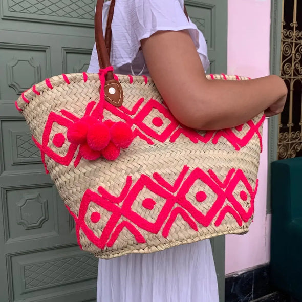 Moroccan Basket Bag, Market Basket with Leather Handle