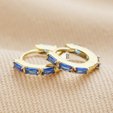 Blue Baguette Crystal Huggie Hoop Earrings in Gold