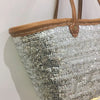 Straw Tote Bag Silver Sequined with Leather Handles