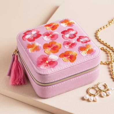 Embroidered Flower Square Travel Jewellery Case in Pink