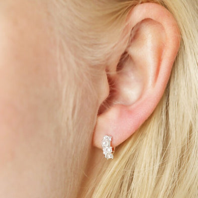 Irregular Pearl and Crystal Huggie Hoop Earrings in Silver