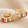 Pink and Green Baguette Crystal Huggies hoops