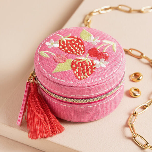 Embroidered Strawberry Round Travel Jewellery Case in Pink